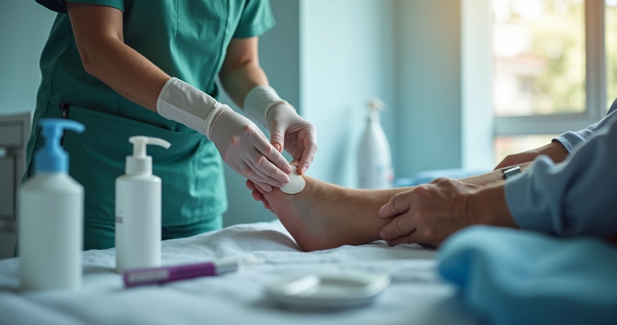 Enfermeiro aplicando curativo impregnado em ferida em paciente idoso, ambiente hospitalar detalhado, luvas, materiais estéreis ao redor. 