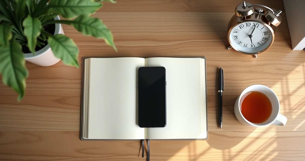 Phone face down beside a journal and cup on a wooden desk