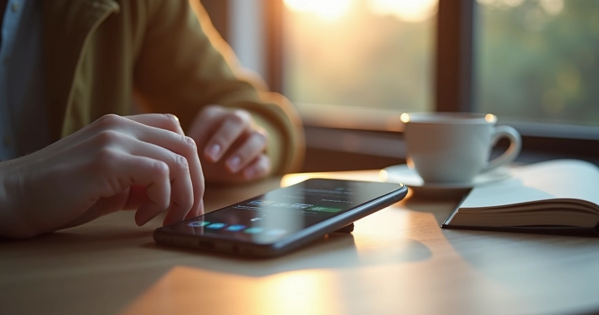 Hand reaching for a smartphone beside a coffee cup and notebook