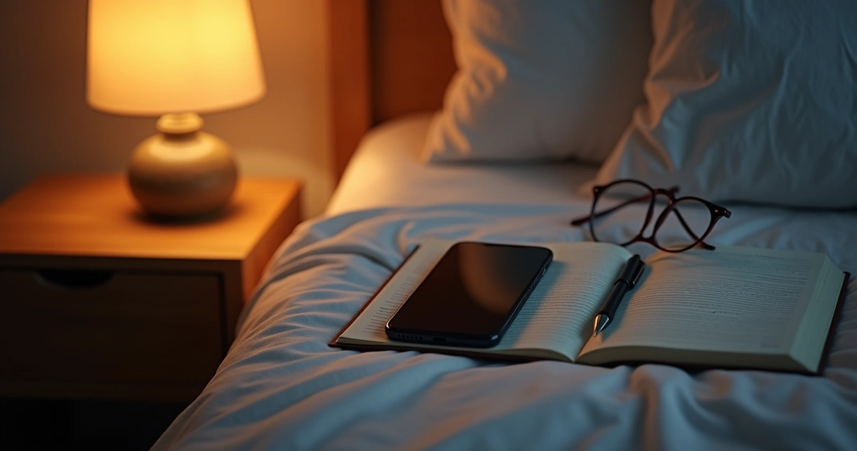 Phone face down beside a journal during evening reflection 