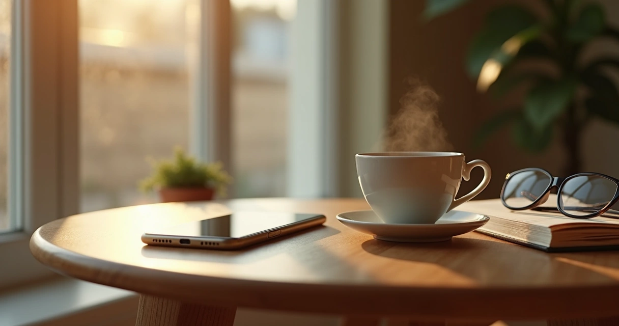 Phone placed face down beside a cup of tea on a table