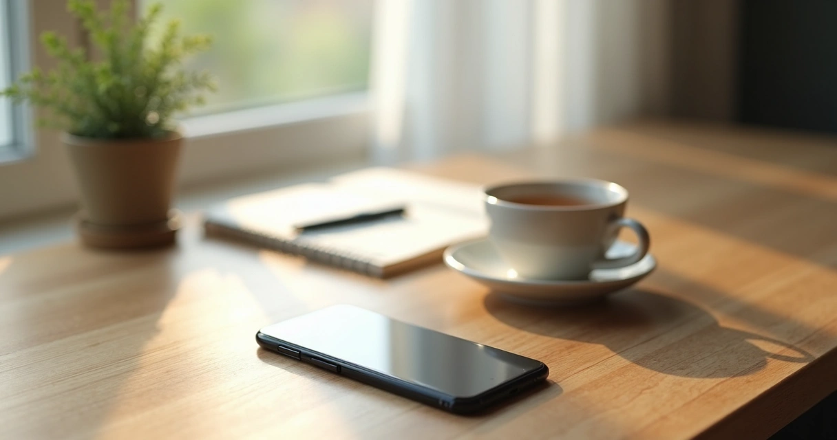 Phone face down beside tea and notebook on a quiet table