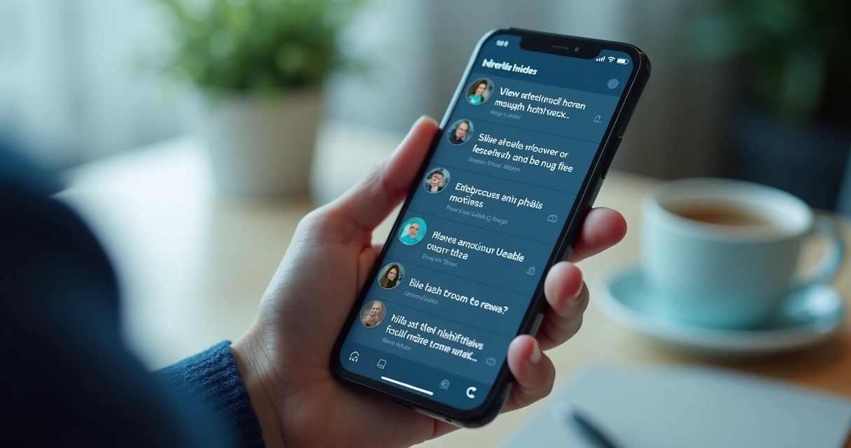Hand holding a phone with repeated news posts on screen 