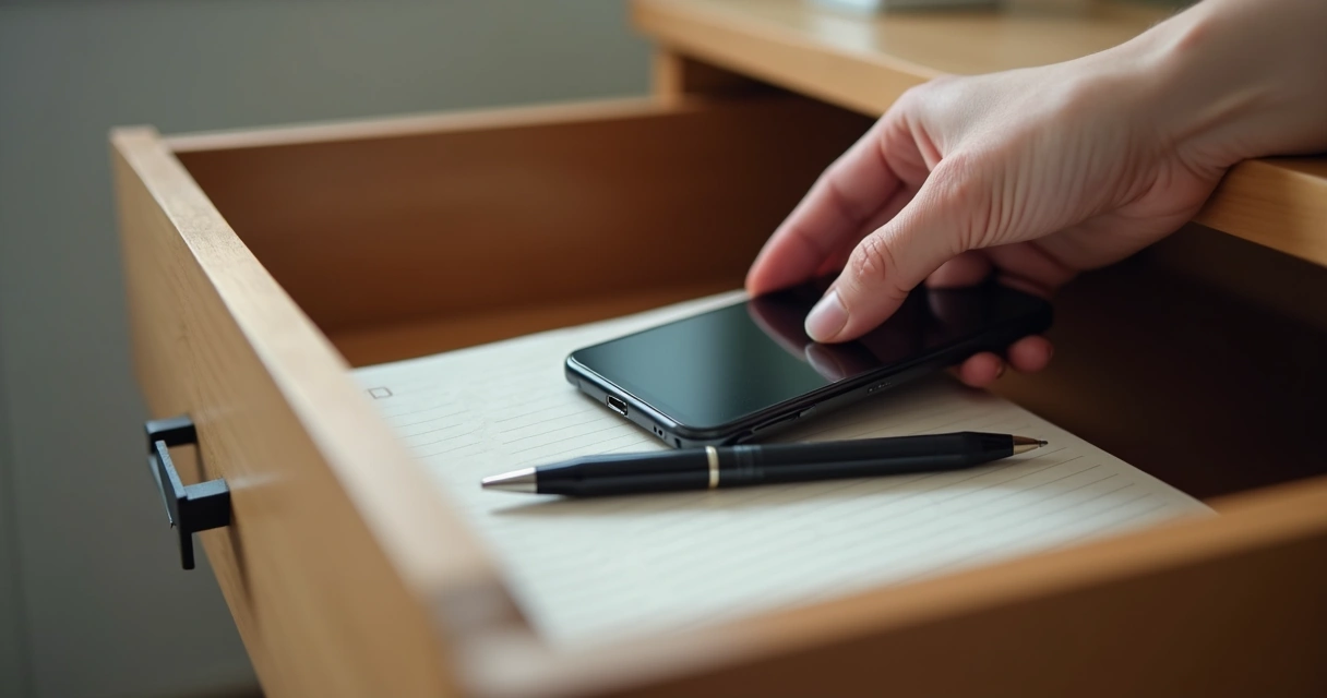 Smartphone placed in drawer with notebook and pen