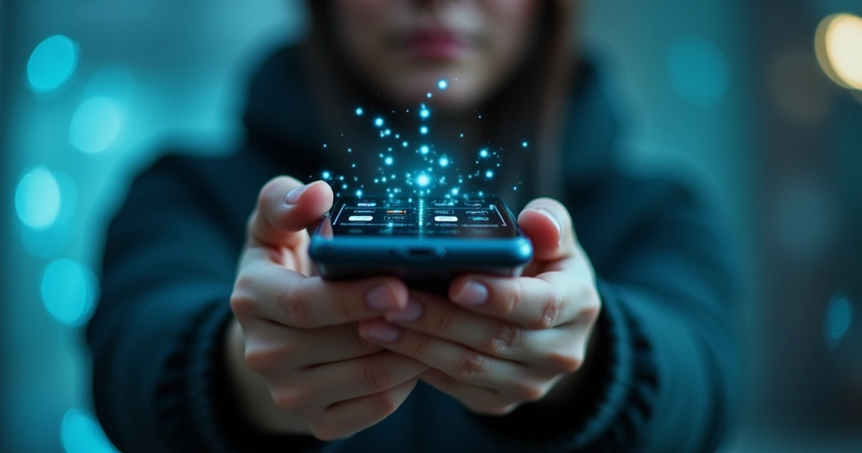 Person focusing on phone notifications with blurred digital background. 