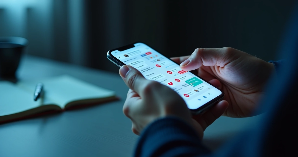Hands holding a phone with many notifications in a dim room