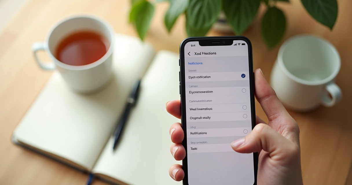 Hand turning off phone notifications on a calm desk