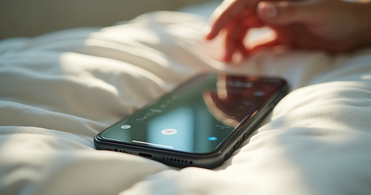 Smartphone on bed with morning sunlight 