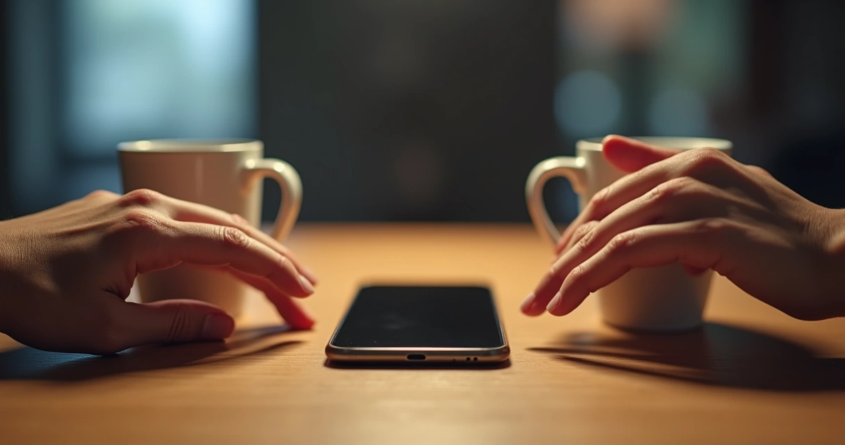 Phone lying face-down on a wooden table next to two mugs with hands reaching 