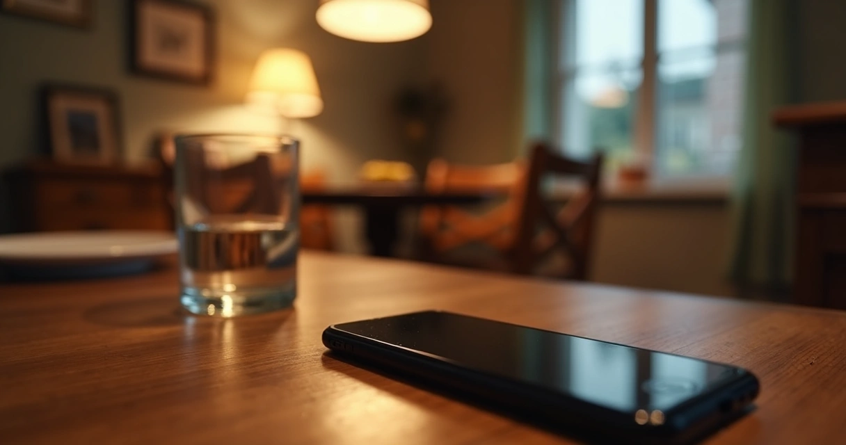Phone face down on a dinner table beside a glass of water 