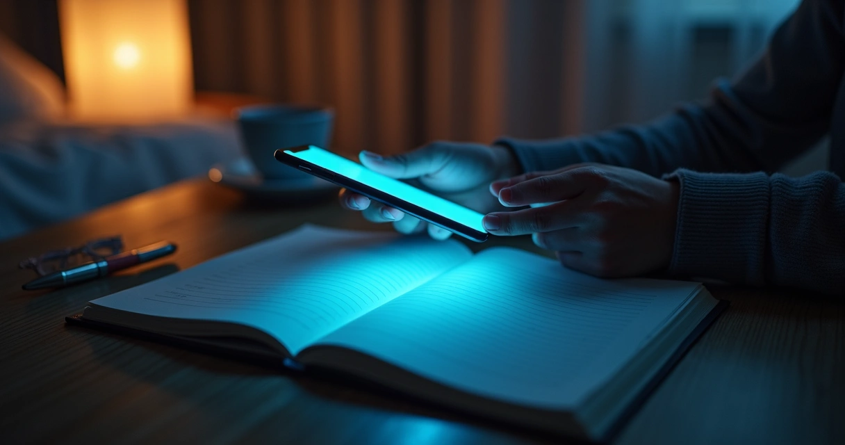 Hand holding a glowing phone beside a journal at night