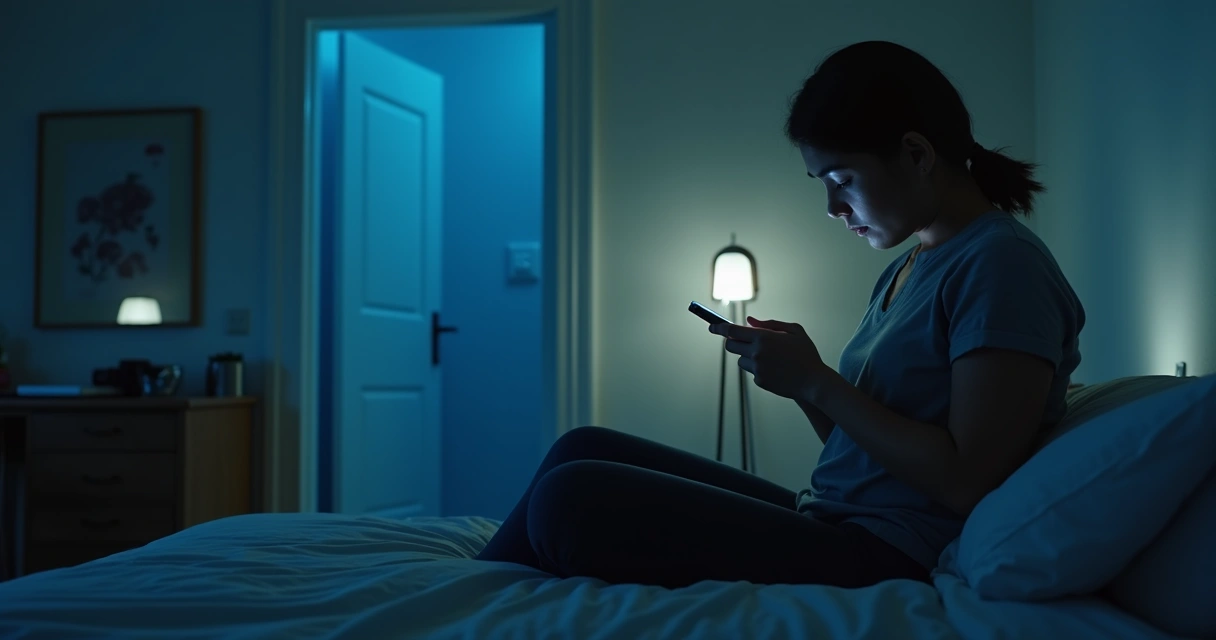 Person looking at phone reflection in a dim room