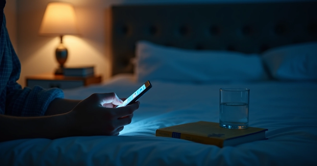 Hand holding phone at night beside an unmade bed and dim lamp