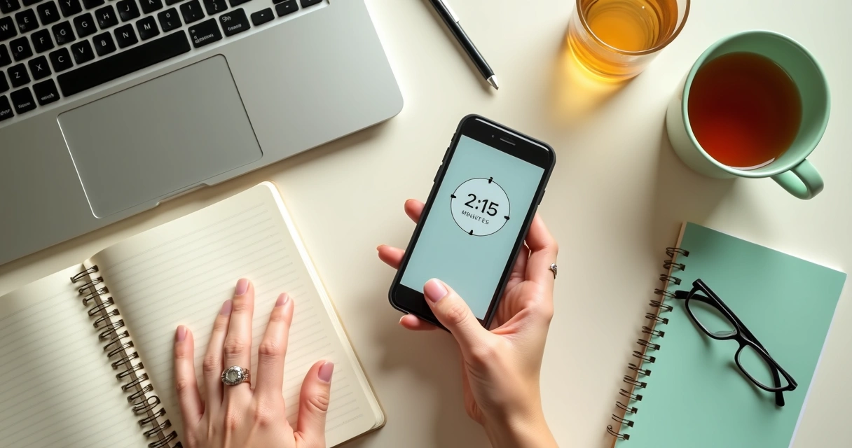 Phone timer beside notebook and tea during a short mindful break