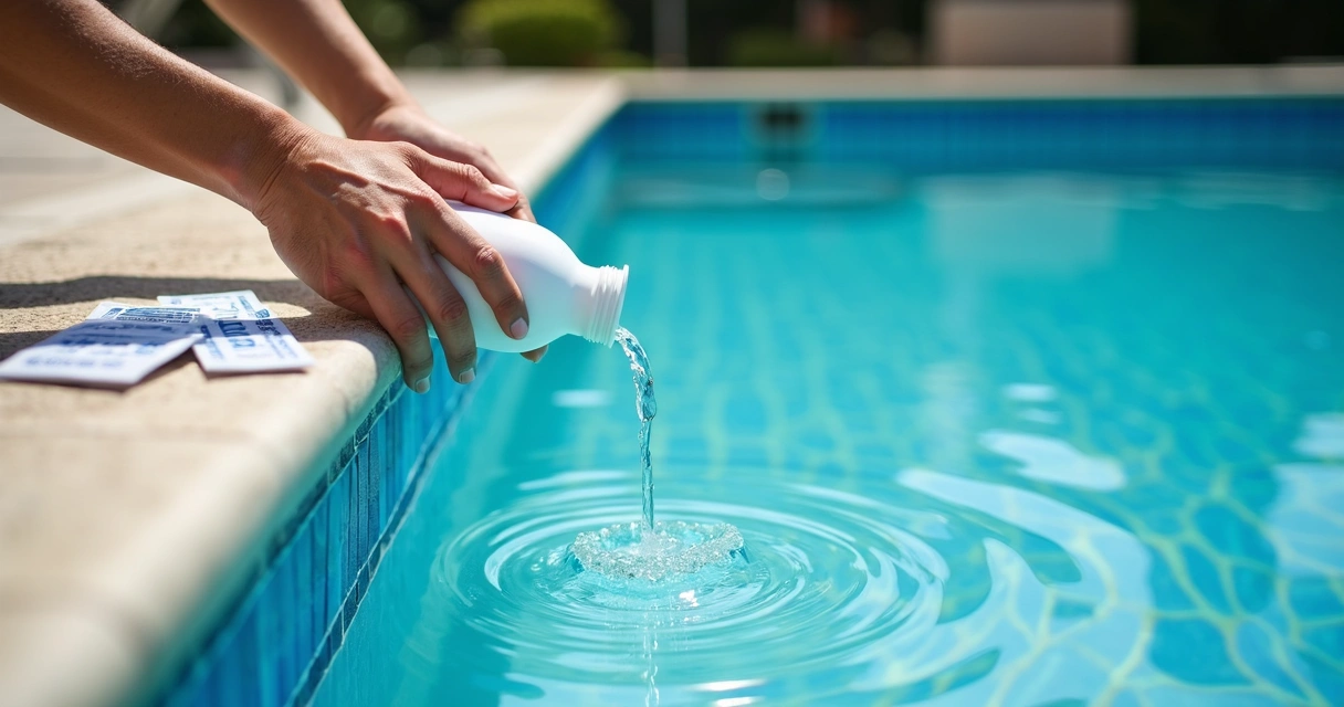 Pouring phosphate remover into pool water near skimmer 