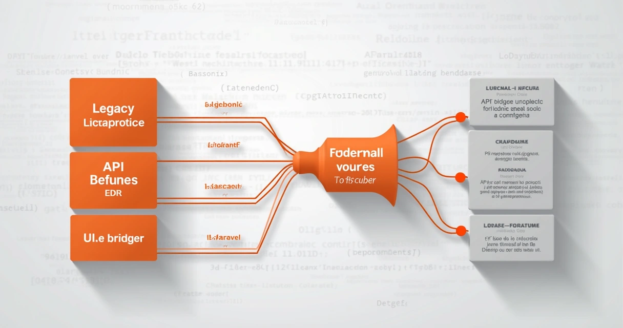 Workflow diagram showing PHP legacy code being upgraded to Laravel through database, API bridges, and UI. 