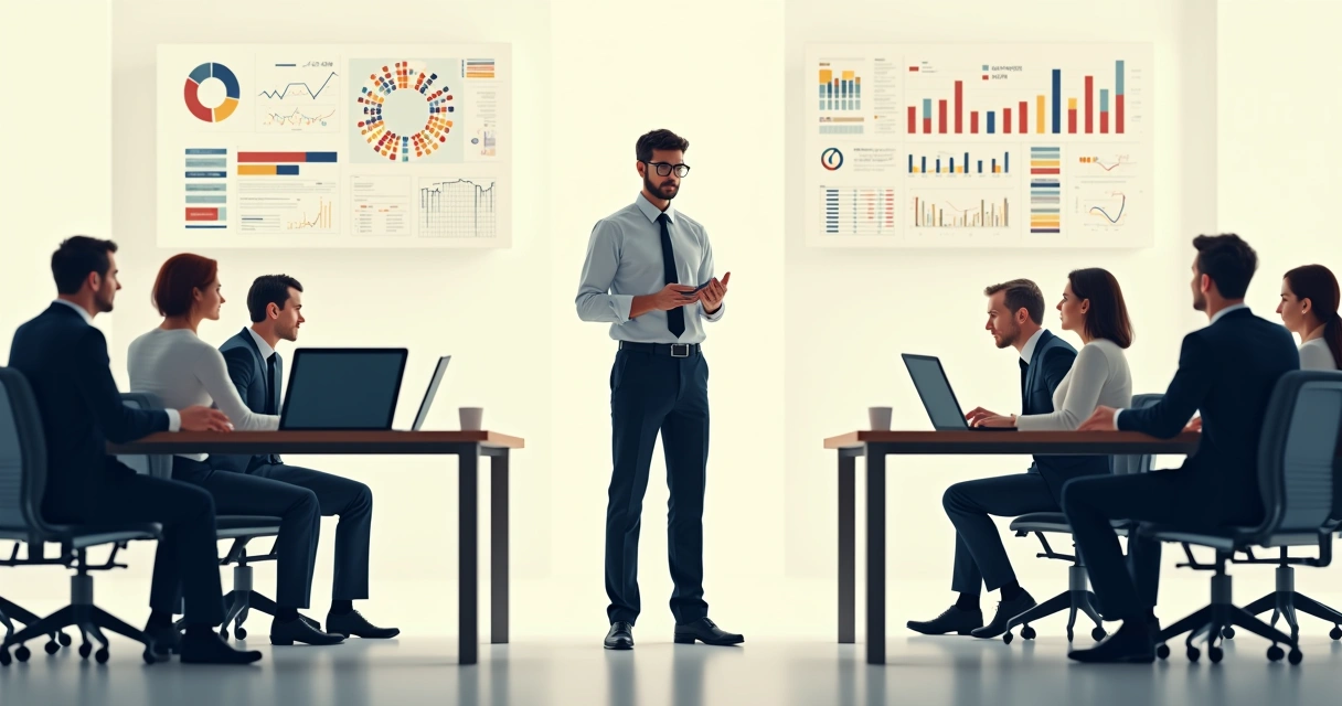 Profissional conversando com equipes de ciência de dados e negócios 