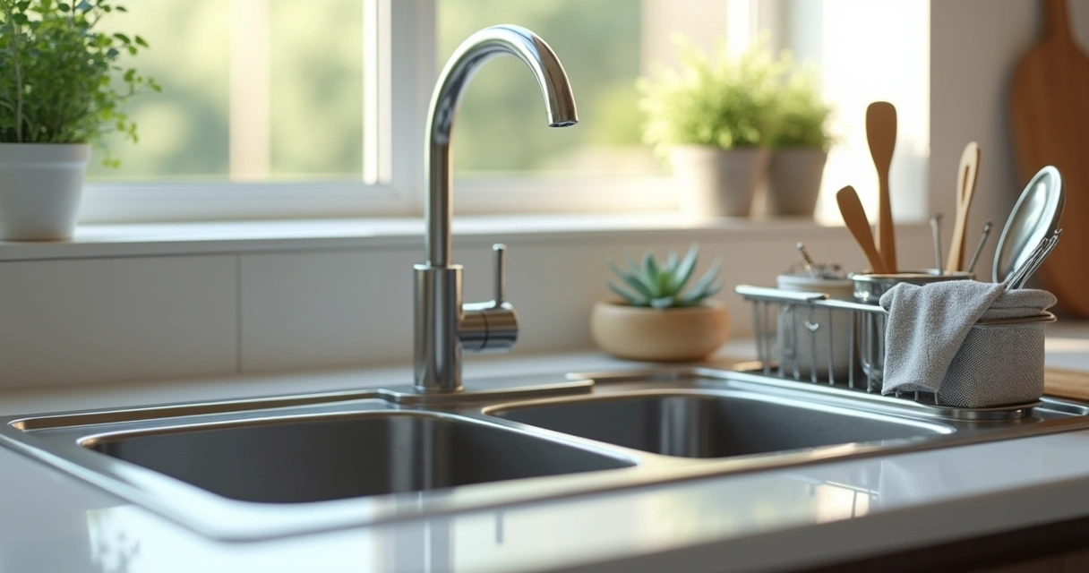 Pia de cozinha limpa com alguns utensílios organizados 