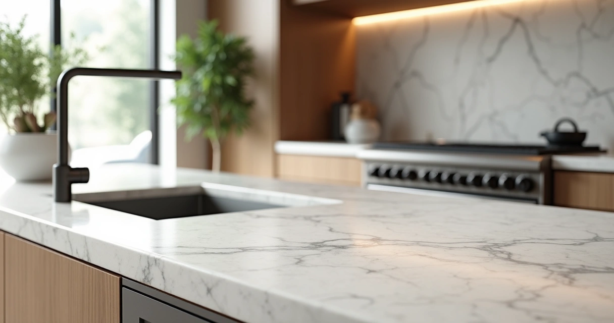 Pia de cozinha em mármore branco com detalhes em inox 