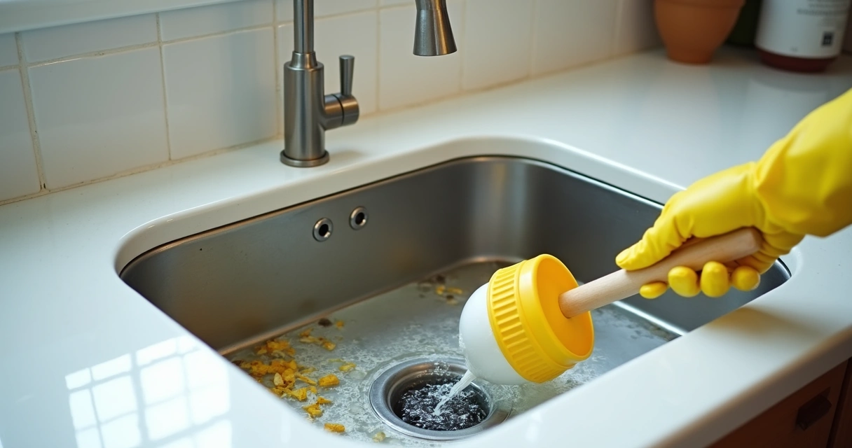 Água parada em pia de cozinha com resíduos visíveis.