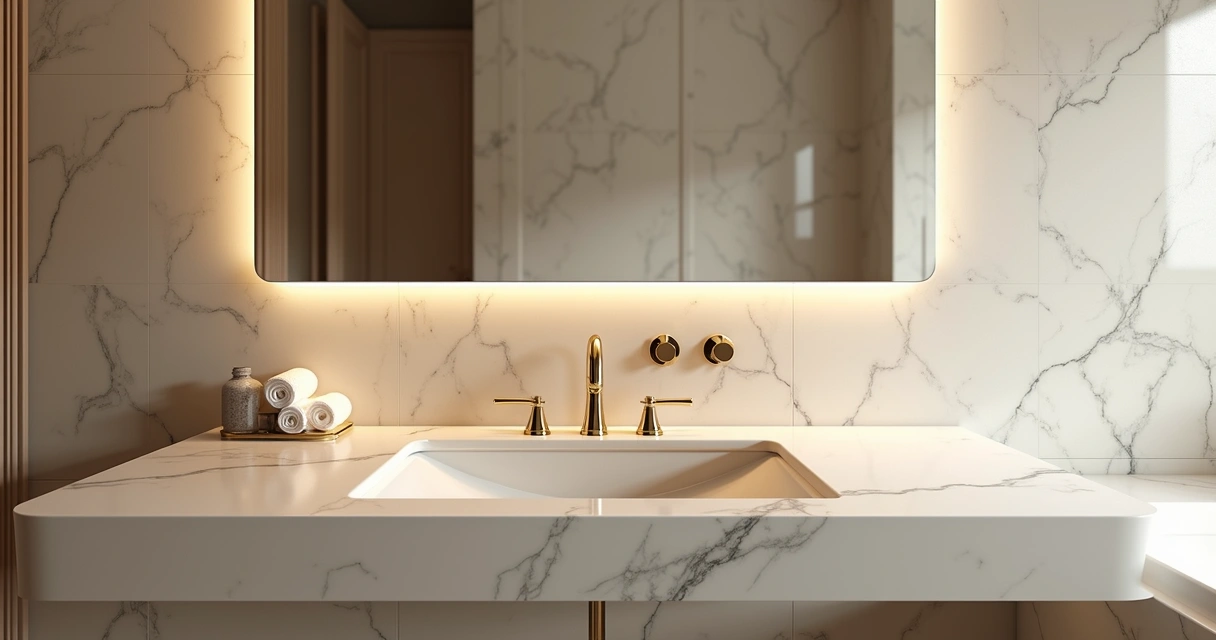 Pia de mármore clara em banheiro sofisticado com espelho grande 