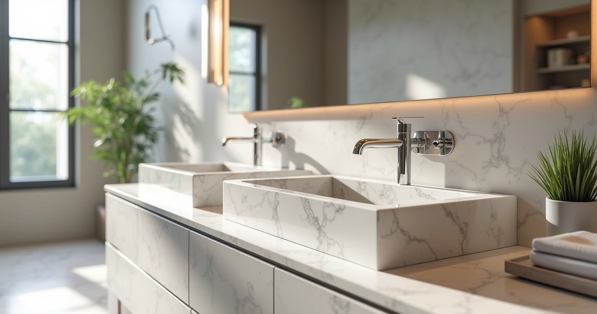 Pia de mármore sob medida instalada em banheiro claro, com metais modernos e espelho retangular 