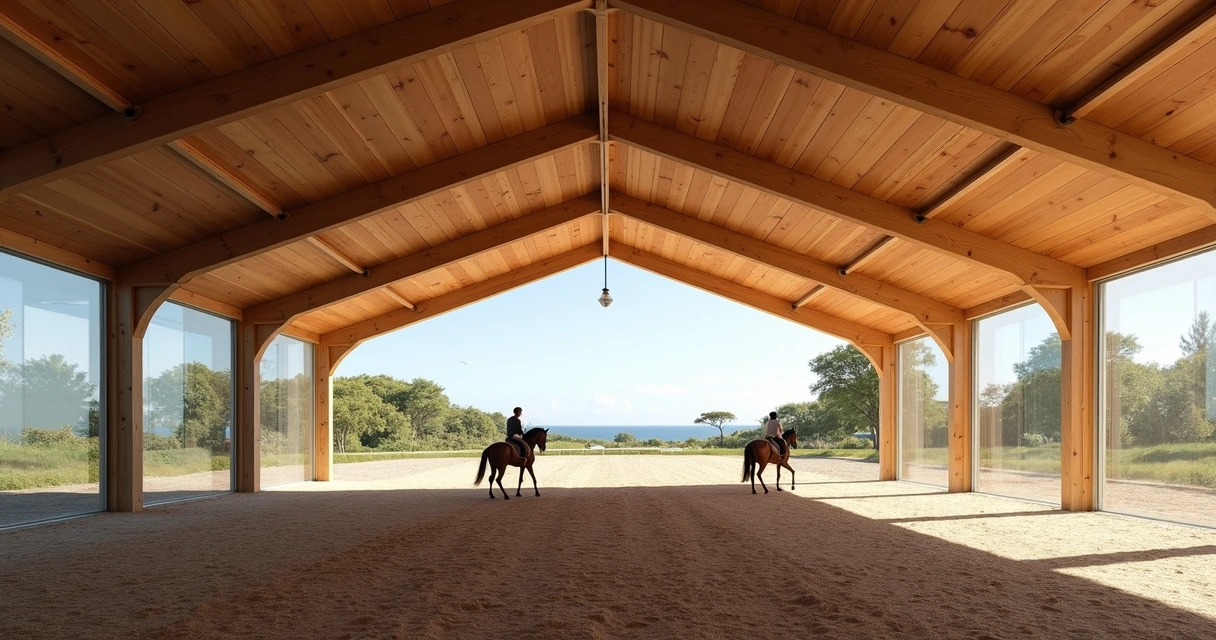 Picadeiro coberto integrado ao ambiente externo com estrutura de madeira 