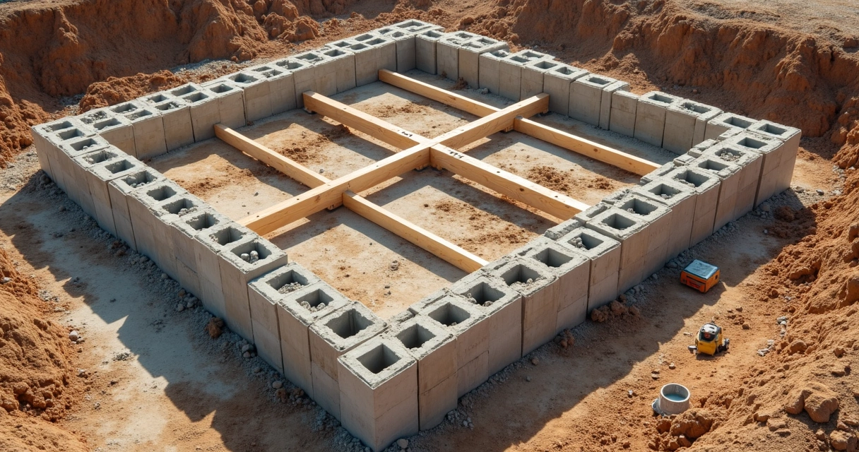 Positioning concrete block piers during patio construction.