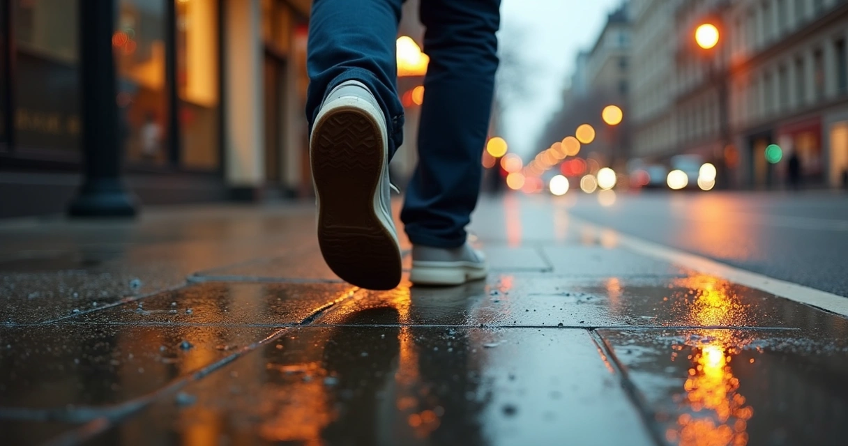 Pies caminando sobre una acera mojada con reflejo de luz 