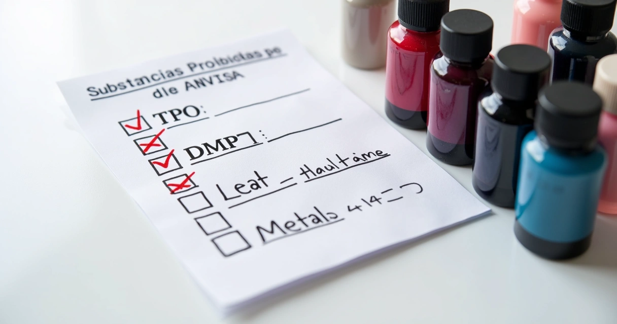 Pigmentos em frascos, lista de ingredientes proibidos ao lado 