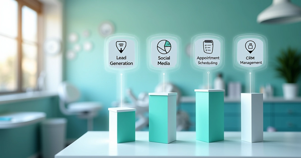 Cinco pilares do marketing digital visualizados em gráficos e elementos de clínica