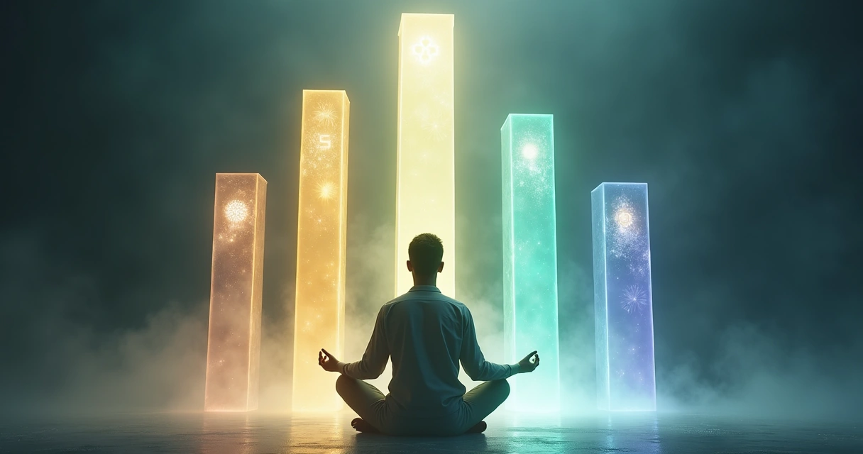Pessoa meditando com pilares de luz desequilibrados ao redor 