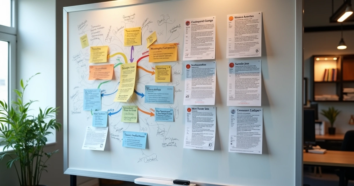Quadro branco de PME com mapas mentais coloridos e posts criados por IA colados ao lado 