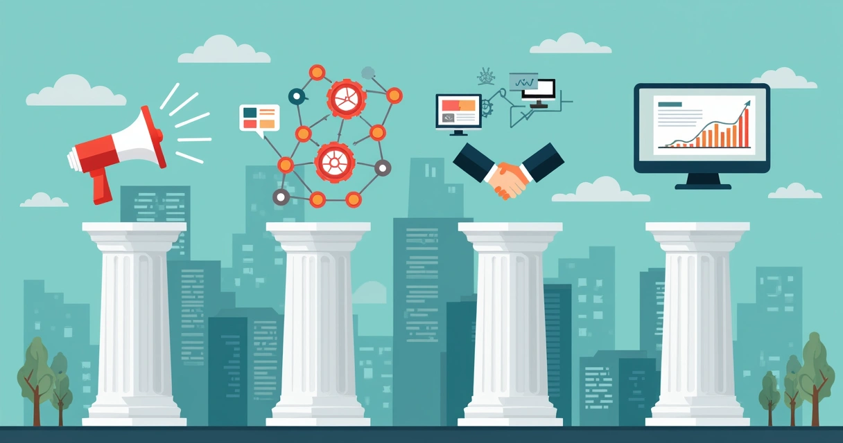 Ilustração corporativa plana dos quatro pilares para aumento de faturamento representados por estratégia, canal de aquisição, vendas e tecnologia 