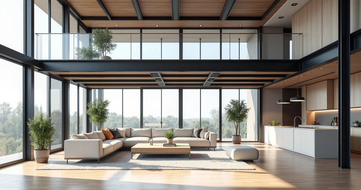 Pilares e vigas metálicas em sala moderna 