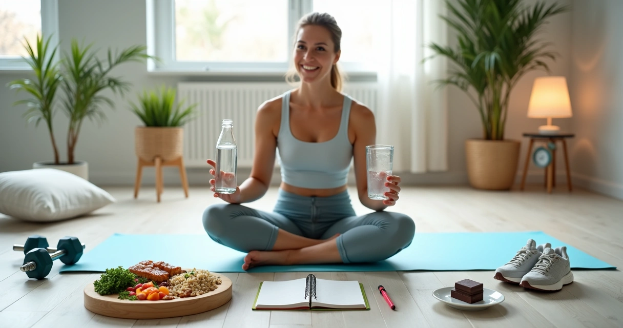 Mulher adulta em tapete de yoga cercada por elementos dos pilares do emagrecimento saudável 