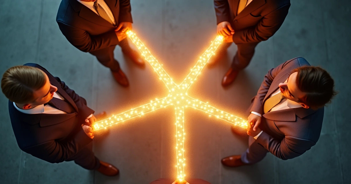 Cinco pilares do ESG interconectados por linhas no centro de uma equipe corporativa 