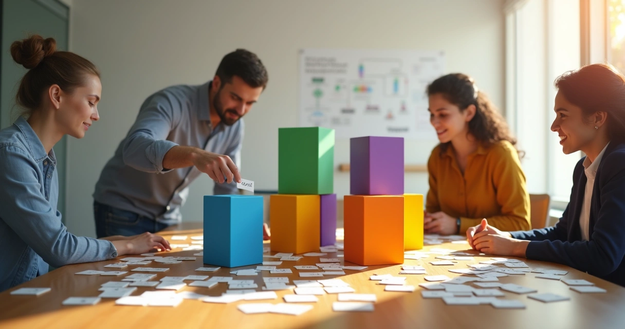 Equipe de PME montando pilares estratégicos com blocos de cores diferentes 
