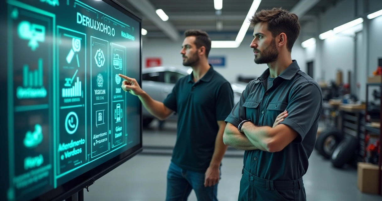 Mecânico e gestor analisando três pilares de faturamento em oficina moderna 