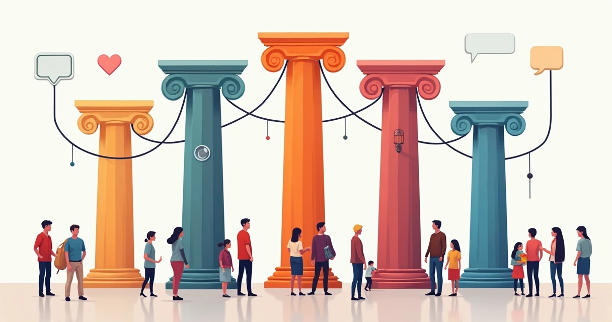 Ilustração de cinco pilares conectados que representam os fundamentos da inteligência relacional. 