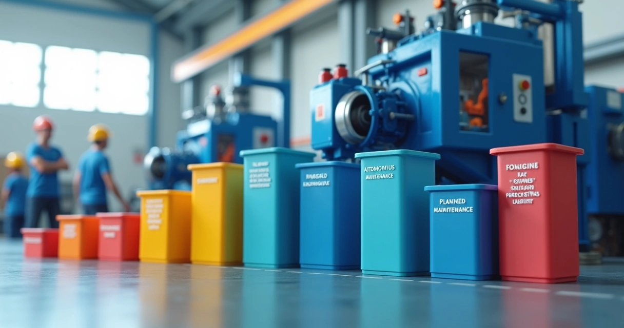 Ilustração dos 8 pilares da TPM organizados em blocos ao lado de uma máquina industrial 