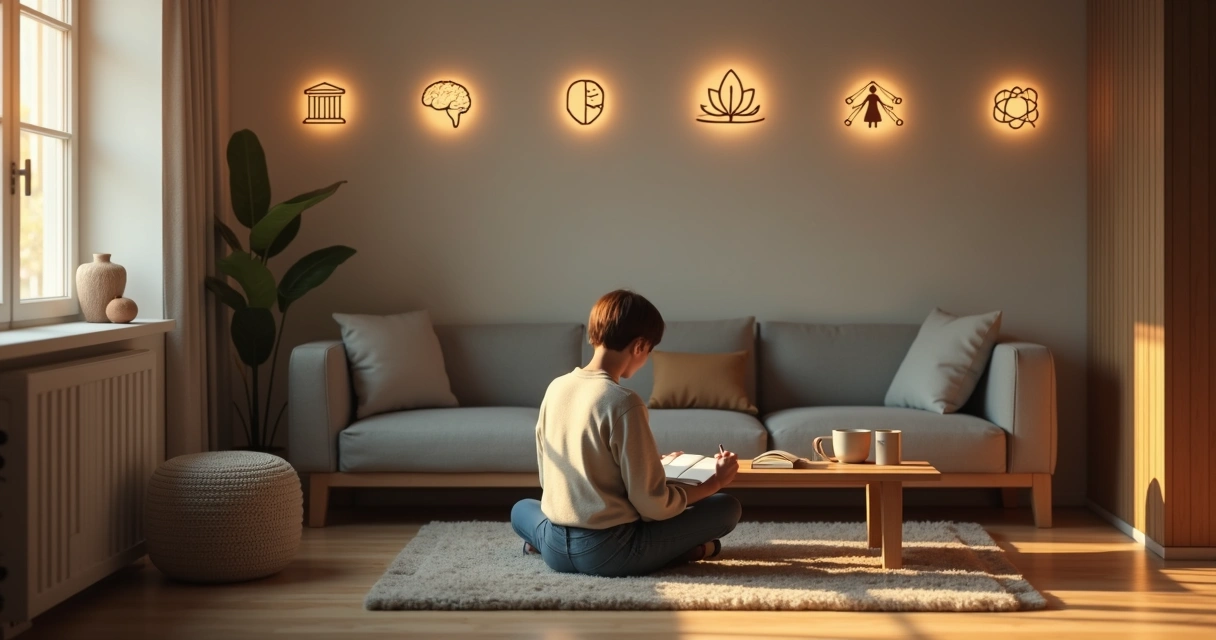 Pessoa sentada em casa refletindo com cinco ícones de pilares ao fundo 