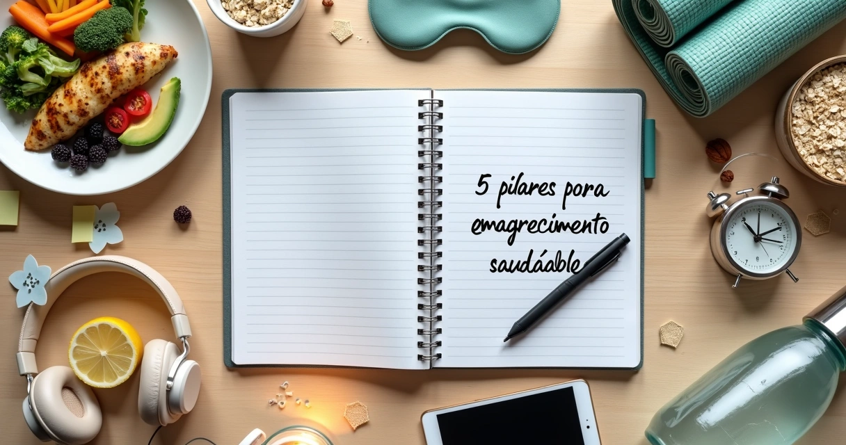 Colagem aérea sobre mesa mostrando cinco pilares de perda de peso saudável 
