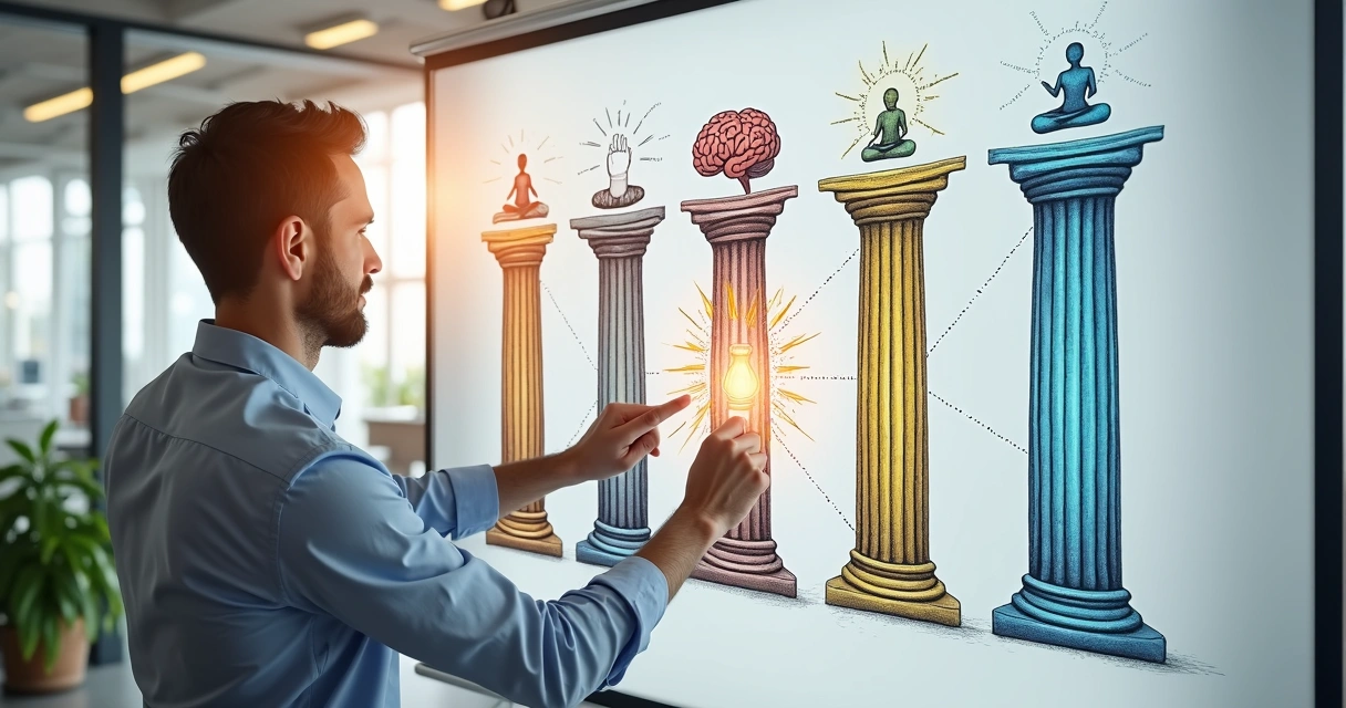 Pessoa desenhando cinco pilares interligados em quadro branco 