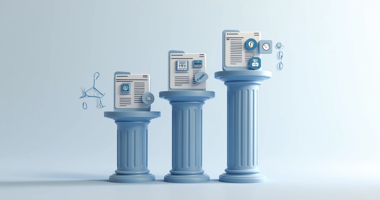 Três pilares sustentando um site, representando on-page, off-page e técnico 