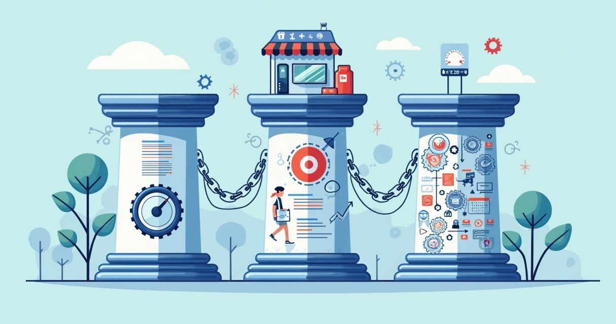 Ilustração dos três pilares do SEO representados por pilares suportando uma loja virtual 