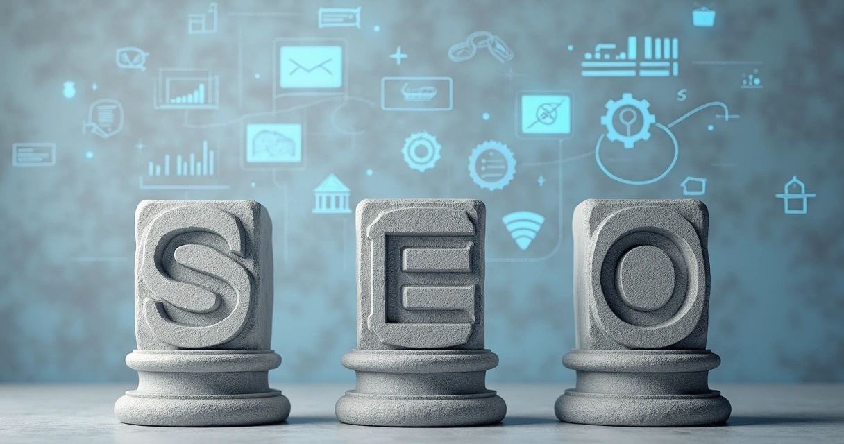 Três pilares representando On-Page, Off-Page e SEO técnico 