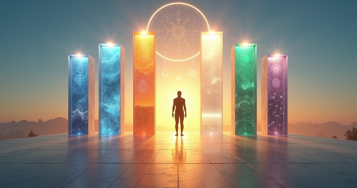 Cinco pilares luminosos conectando um ser humano a um horizonte equilibrado 