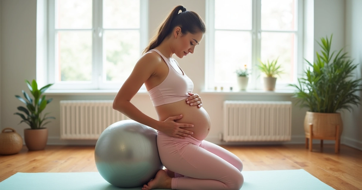 Gestante com bola de pilates realizando rotação pélvica 