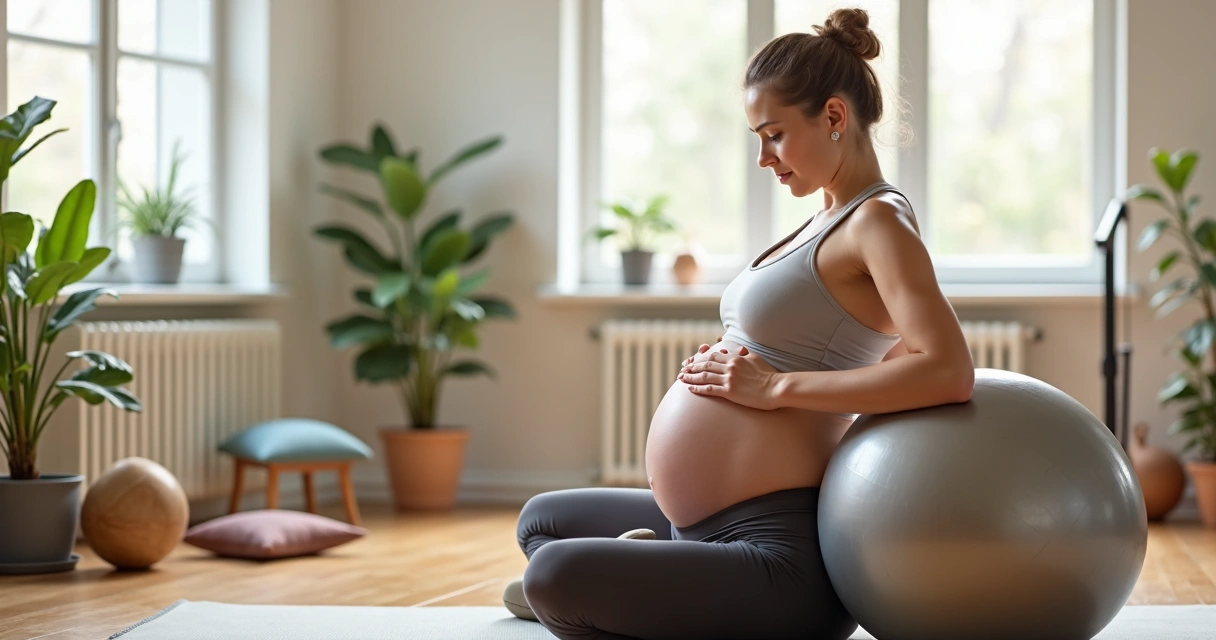 Gestante praticando pilates com bola e faixas elásticas 